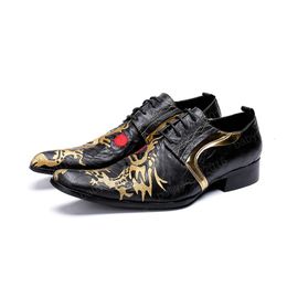 Embroidery Genuine Leather Men Office Shoes New Fashion Large Size Square Toe Lace Up Formal Party Shoes