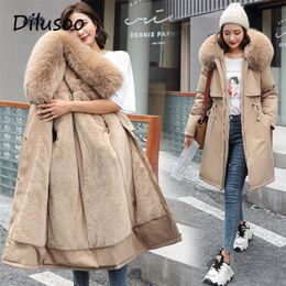 Dilusoo Cotton Liner Parker Parka Fashion Adjustable Waist Fur Collar Winter Jacket Women Solid Long Hooded Parka Coats 201217