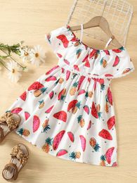 Toddler Girls Watermelon & Pineapple Print Guipure Lace Trim Cold Shoulder Dress SHE