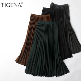 TIGENA Autumn Winter Warm Woolen Skirt Women Korean Elegant A Line Elastic High Waist Pleated Midi Long Skirt Female Y1214