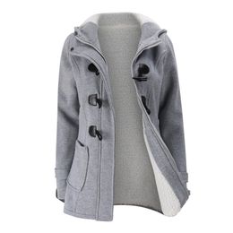 Jacket Coat Winter Women Hooded Wool Blend Praka Classic Horn Leather Buckle Coat Slim For Ladies Winter Jacket Woman Parka 201217