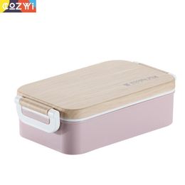Wooden Style Lunch-box Portable Outdoor Office School Bento Box 2 Buckle Sealed Dinnerware Food Container Lunchbox Y200429