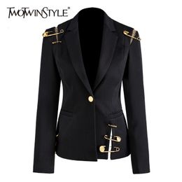 TWOTWINSTYLE Loose Fit Black Hollow Out Pin Spliced Jacket Blazer New Lapel Long Sleeve Women Coat Fashion Tide Autumn Winter 201114