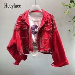 Spring Autumn Women's Harajuku Red Denim Jacket Coat Hand Beaded Rivet Short Black Jean Jackets Students Basic Coats Outfit T200828