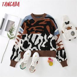 Tangada Women Elegant Leopard Pattern Crop Knitted Sweater Jumper O Neck Female Pullovers Chic Tops 3A91 201223