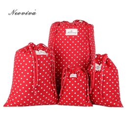 Neoviva Cotton Drawstring Storage Bag for Shoes and Laundry, Pack of 4 in Different Sizes, Polka Dots Lollipop Red Laundry Bags Y200429