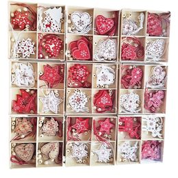 10pcs/Lot Red&White Natural Wood Christmas Ornaments Decor for Tree Hanging Pendant Wooden Xmas Tree Heart Star Snowflower Bell Y201020