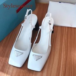 Retro Square Toe Thick Heel Elegant Party Designer Luxury Shoes 2021 Metal Triangle Decor Real Leather Woman Mary Janes Sandals J1208
