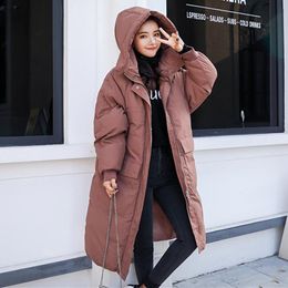 Long Down Cotton Coat Women Winter Parka Loose Warm Thick Winter Jacket Padded Hooded Long Sleeve Oversized Coat Outerwear Q3010 201202