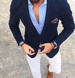 Formal Business Navy Blue Man Suits Man Blazers Casual Prom Wear Slim Fit Costume Homme Gentle Man Clothing Custom Made White Pants 2Piece