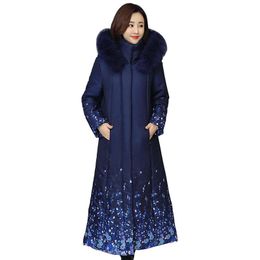 Big Fur Collar Blue Down Jacket Winter Fashion Stitching Print Hooded Coat Temperament Slim Thicken Warm Cotton Outerwears f1325 201027