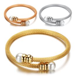 Brand Fashion Gold Silver Colour Stainless Steel Cable Bangles Simulated Pearl Charm Bracelets Bangles for Women
