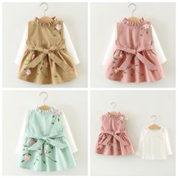 Baby Girls Dress Embroidered Flower Girl Dresses Shirts 2PCS Sets Long Sleeve Printed Girls Vest Skirt Boutique Baby Clothing BT4036