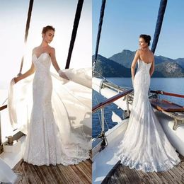 Full Lace Mermaid Wedding Dresses 2022 Sweetheart Tulle Long Sweep Train Beach Country Wedding Bridal Gowns
