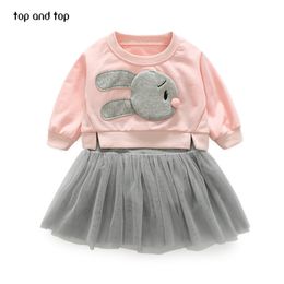 Top and Top Children Girls clothing sets rabbit t shirt +vest lace dresses 2 pcs/sets fashion Kids girl dress clothes suits 201031