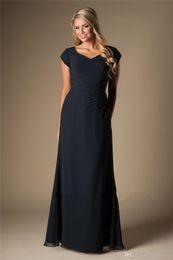 Dark Navy Blue Simple Chiffon Modest Bridesmaid Dresses Short Sleeves Long Floor Cheap Wedding Party Dresses Summer Maids of Honour Dresses