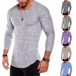 Spring Men T-shirts Plus Size Long Sleeve Striped T Shirt Casual O-Neck Solid Tshirt Elastic Fitness Tops LJ200827