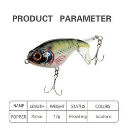 New 75mm 17g Popper Fishing Lure Floating Artificial Bait Top Water Wobbler 3D Eyes Minnow Bass Pike Fishing Tackle
