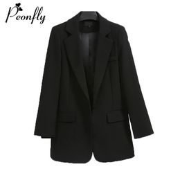 PEONFLY Casual Single Button Women Blazer Jacket Notched Collar Female Jackets Fashion Black Suits Outwear Autumn Coat 201201