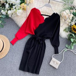 YuooMuoo Elegant Sashes V Neck Knit Dress Women 2020 Sexy Backless Autumn Long Sleeve Sweater Dress Ladies Bodycon Short Dress LJ200818