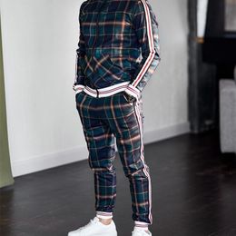 Mens Tracksuits 2020 Colourful Plaid Casual Zipper Hoodie Set Autumn Male Sweatshirt Clothes For Men LJ201117