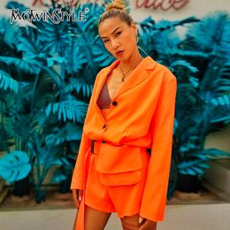 TWOTWINSTYLE Casual Loose Playsuits V Neck Long Sleeve High Waist With Sashes Short Jumpsuit Female Clothing 2020 Spring Tide T200704