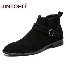 JINTOHO Cow Suede Ankle Fashion Pointed Toe Work Safety Shoes Winter Casual Male Boots Cheap Men Booties Y200915