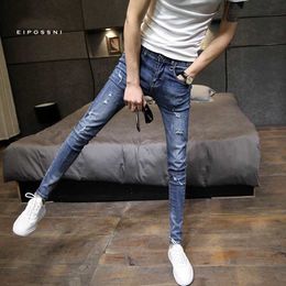 Spring Autumn Fashion hole Skinny jeans hombre male students Distressed slim slimming Ankle length pencil pants trousers 201111
