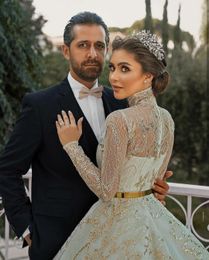 Saudi-arabische Pailletten-Brautkleider mit abnehmbarer Schleppe, Spitze, transparente Langarm-Brautkleider, luxuriöse Vintage-Roben von De Mariee232q