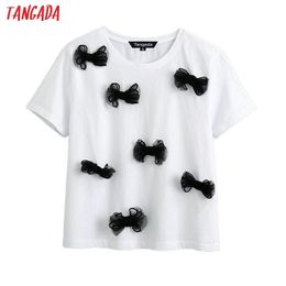 Tangada women bow tie decorate cotton T shirt short sleeve O neck tees ladies casual tee shirt top BE570 T200512
