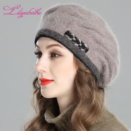 Liliyabaihe New style women's winter beret knitted wool angora beret European style Decoration double warm Hat Y200102