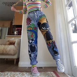 Womens Cartoon Printed Jeans Atumn Winter Girls Harem Pant Trousers Single Breasted Plus Size Female Hight Waist Denim Jean 201223