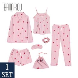 7 Pcs Women's Pyjamas Sets Cotton Pink Strawberry Printed Women Sleepwear Sets Spring Summer Autumn Homewear Woman Pyjamas Sets Y200708