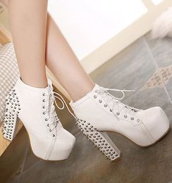 Ladies White Woman's ankle boots Long Rivet Model Show Fun Club Party Lace Up Motorcycle short Boots Female Shoes Platform Thick Heel