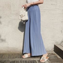 High Waist Pleated Chiffon Wide-leg Pants Women Elastic Waist Loose Hong Kong Style Student Cropped Pants Solid Female Spring 201106