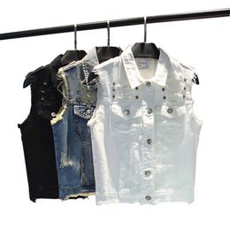 Fashion Pentagram Rivet Hole Women's Denim Vest Short Slim Summer Sleeveless Female Jeans Jacket Vintage Veste Femme Gilet 201102