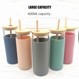 Portable Silicone Glass Bamboo Lid Straw 600ML Water Cup Sports Water Bottle Coffee Cup With Straw Outdoor Travel Home Office Y1223