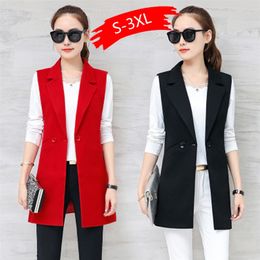 Spring Autumn Sleeveless Jacket Long Suit Vest Women Slim Blazer Vest Coat Waistcoat Office Lady Elegant Black Red Blue 201214