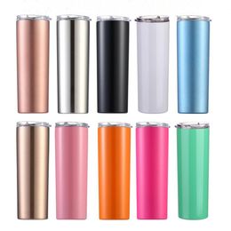 20oz Skinny Tumbler Stainless Steel Insulated Coffee Mugs Vacuum Beer Cup Double Wall Wine Tumblers With Lid Coloured Straws WQ24-WLL