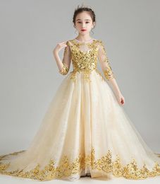Charming Champagne Gold Applique Flower Girls' Dresses Girl's Brithday Dresses Girls' Formal Dress Holiday Dresses Custom