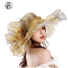 Fashion Summer Organza Kentucky Derby Hats For Women Elegant Laides Church Wedding Wide Large Brim With Big Flower Hat Y200602