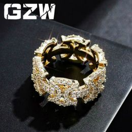 18K Real Gold Bling Full CZ Cubic Zirconia Bowknot Mens Womens Band Ring Iced Diamond Wedding Finger Rings Bijoux Jewellery Gifts for Couples