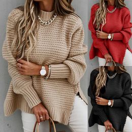 Women's Sweaters Autumn And Winter Style Long-Sleeved Womens Half-High Neck Solid Colour Drawstring Side Slit Knit Sweater