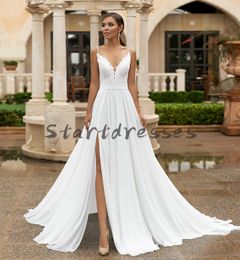 Charming Spaghetti Straps Bohemian Wedding Dresses 2021 Sexy V Neck Backless Chiffon Side Split Summer Beach Lace Wedding Dress Bridal Gowns