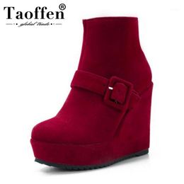 TAOFFEN Size 34-44 Ladies Sexy High Heels Wedges Ankle Boots Women Thick Platform Agrafe Side Zip Shoes Women Winter Warm Botas1