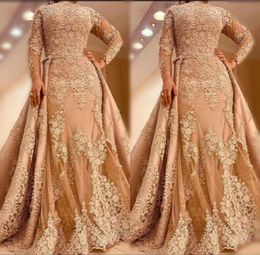 Long Sleeves 2021 Evening Dresses Jewel Neck Lace Applique Overskirt Sweep Train Custom Made Plus Size Prom Party Formal Gowns Vestidos