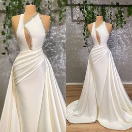 Elegant White Satin Prom Dresses With Detachable Train Beaded Pleats Mermaid Evening Dress Plus Size Party Wear Custom Made