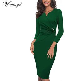 Vfemage Women Autumn Winter Elegant Ruched Embellished Waist Work Office Business Cocktail Party Bodycon Pencil Sheath Dress 007 201006