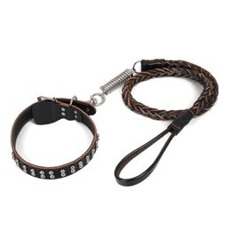 Strong Collar Leash Set For Dogs,Leather Weaving Durable With Buffer Device Rope For