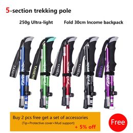 5-Section Outdoor Fold Trekking Poles Camping Portable Walking Hiking Stick For Nordic Elderly Telescopic Club Easy Put Into Bag 220104